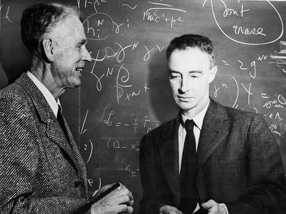 J. Robert Oppenheimer talks with Professor Oswald Veblen at the Princeton Institute for Advance Study in Princeton in 1947.