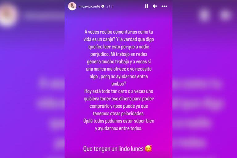 El descargo de Mica Viciconte al ser criticada por recibir canjes (Foto Instagram @micaviciconte)