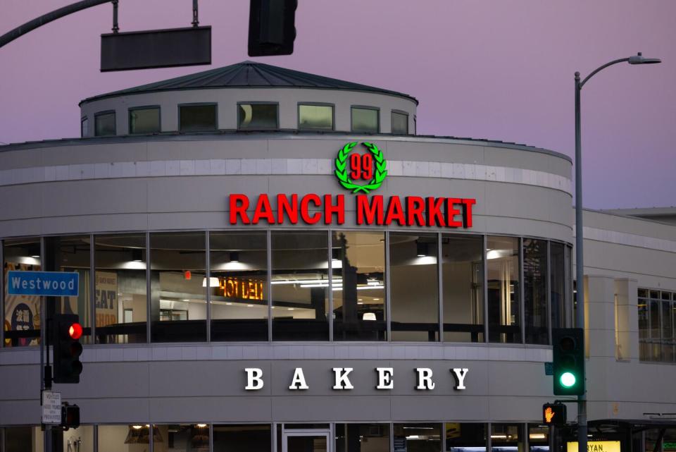 99 Ranch Market with sign lighted in red