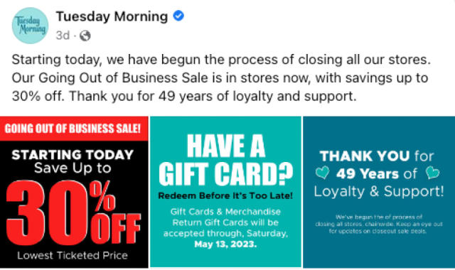 Out of business sales begin across Tuesday Morning stores