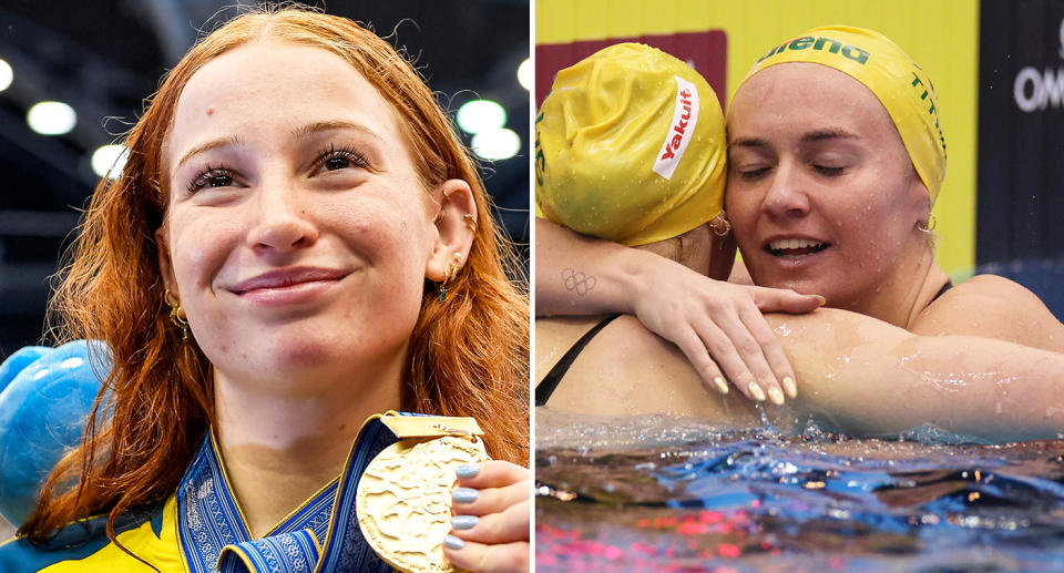 Pictured Mollie O'Callaghan left and pictured with Ariarne Titmus right