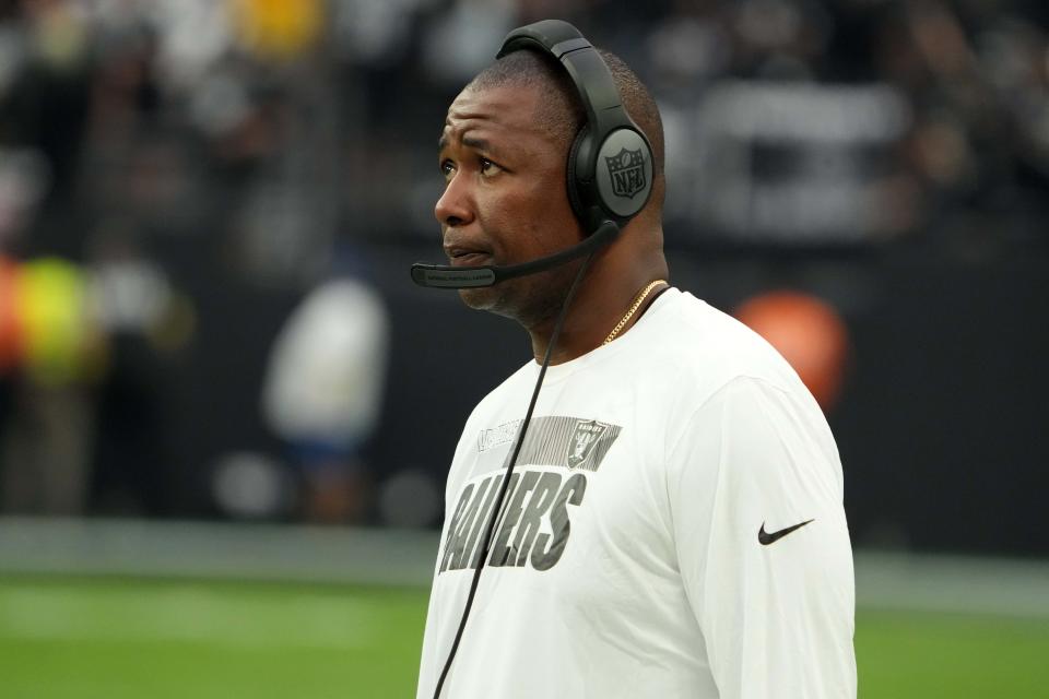 Sep 18, 2022; Paradise, Nevada, USA; Las Vegas Raiders defensive coordinator Patrick Graham reacts in the second half against the <a class="link " href="https://sports.yahoo.com/nfl/teams/arizona/" data-i13n="sec:content-canvas;subsec:anchor_text;elm:context_link" data-ylk="slk:Arizona Cardinals;sec:content-canvas;subsec:anchor_text;elm:context_link;itc:0">Arizona Cardinals</a> at Allegiant Stadium. Mandatory Credit: Kirby Lee-USA TODAY Sports