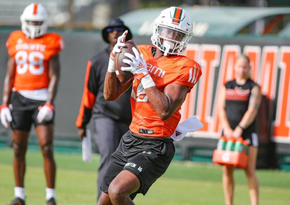 Miami Hurricanes wide receiver Isaiah Horton (16) catches a pass during practice drills at Greentree Practice Field at the University of Miami in Coral Gables on Tuesday, August 9, 2022.