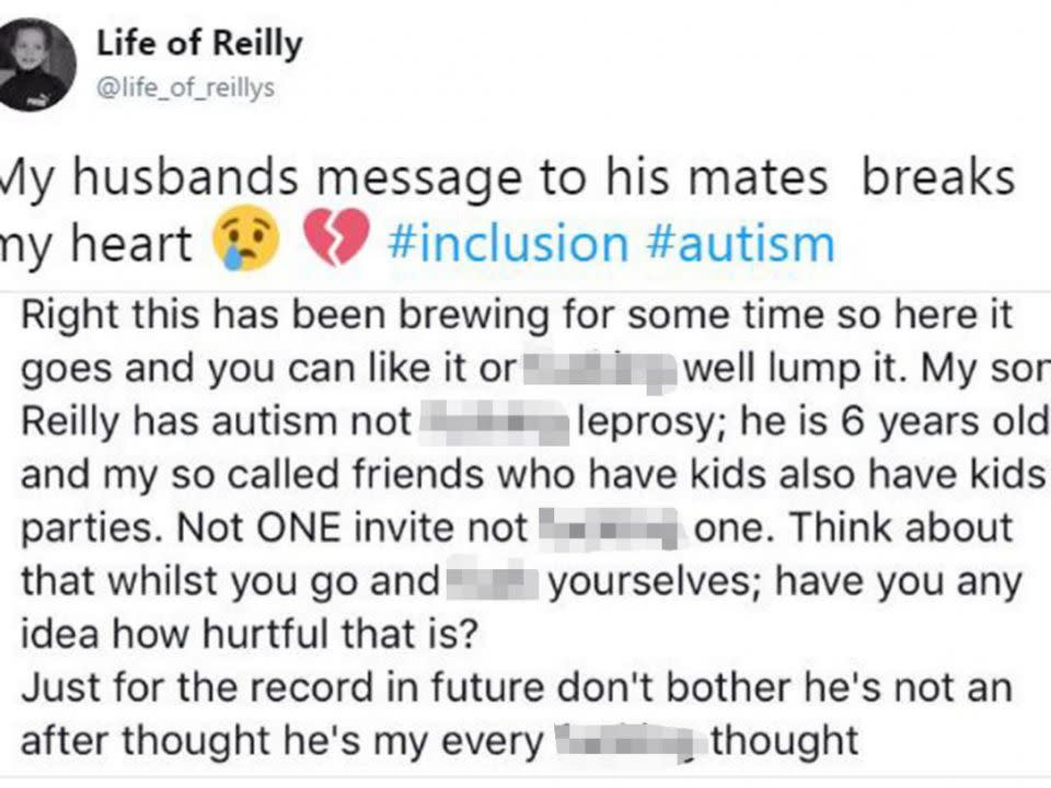 The father expressed how upset he was after his autistic son was not invited to any parties. Source: @life_of_reillys/ Twitter