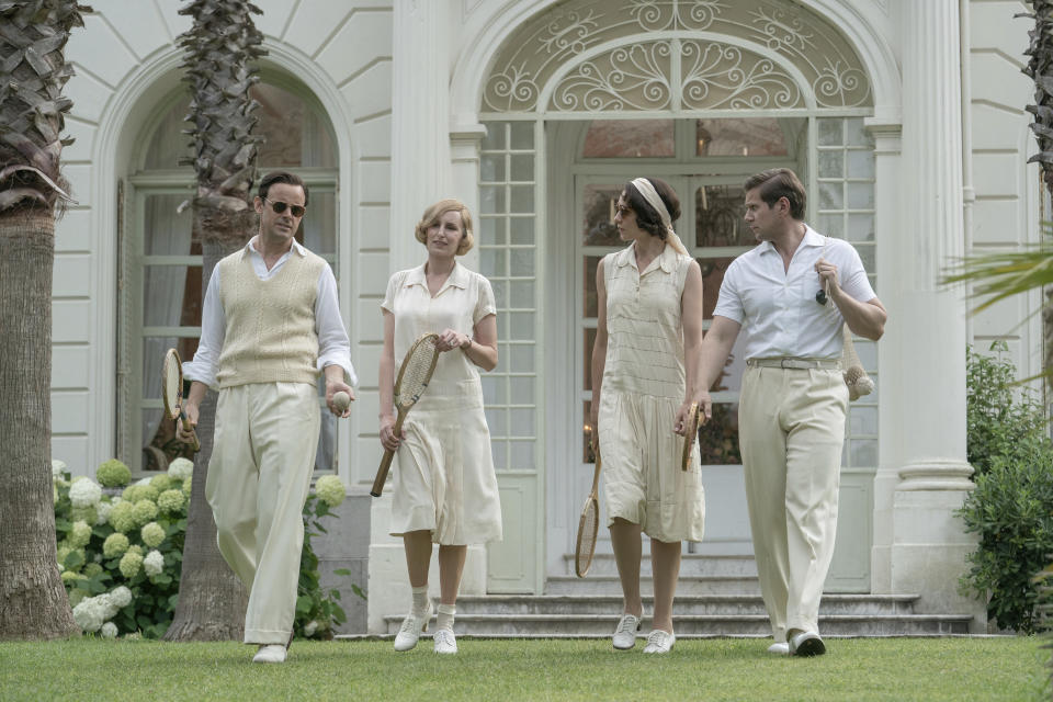 This image released by Focus Features shows Harry Hadden-Paton, from left, Laura Carmichael, Tuppence Middleton and Allen Leech in a scene from "Downton Abbey: A New Era." (Ben Blackall/Focus Features via AP)