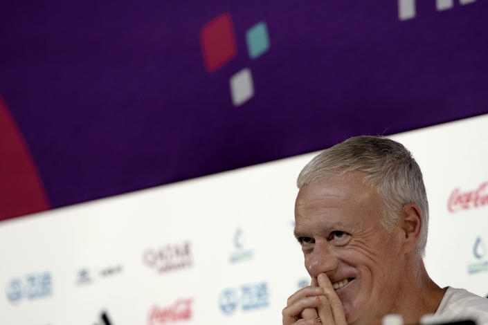 France's head coach Didier Deschamps answers reporters during a press conference on the eve of the group D World Cup soccer match between France and Denmark, in Doha, Qatar, Friday, Nov. 25, 2022. (AP Photo/Christophe Ena)