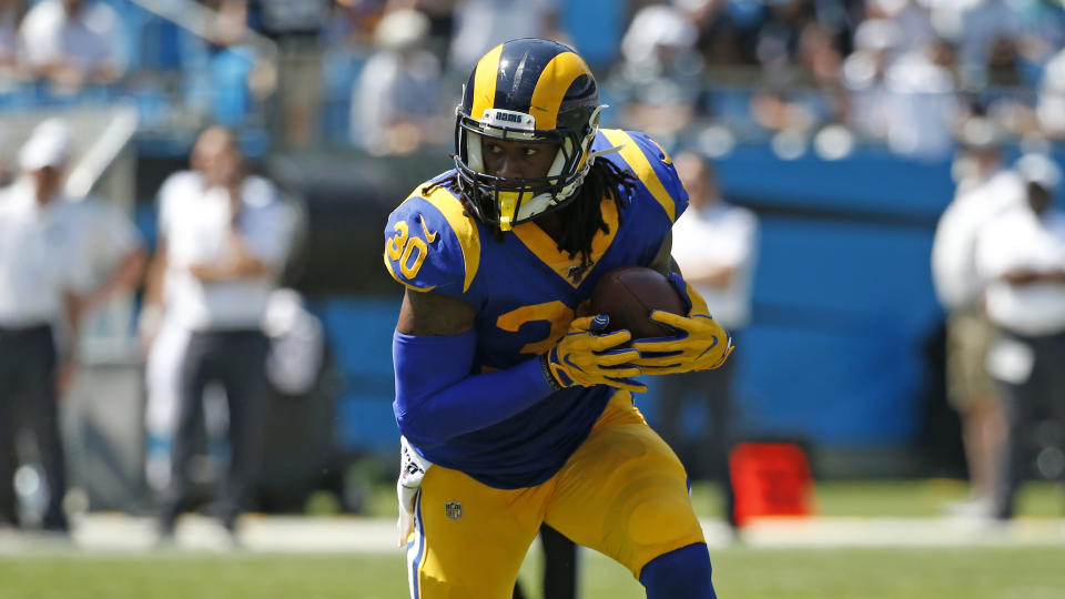 Los Angeles Rams running back Todd Gurley (30) runs the ball against the Carolina Panthers during the first half of an NFL football game in Charlotte, N.C., Sunday, Sept. 8, 2019. (AP Photo/Brian Blanco)