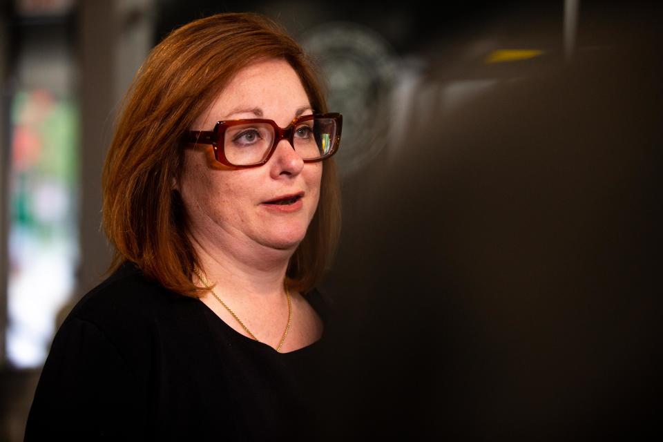 Sarah Riley-Howard gives comment to the press after a hearing before the Michigan Court of Appeals on Wednesday, Oct. 11, 2023, in Grand Rapids.