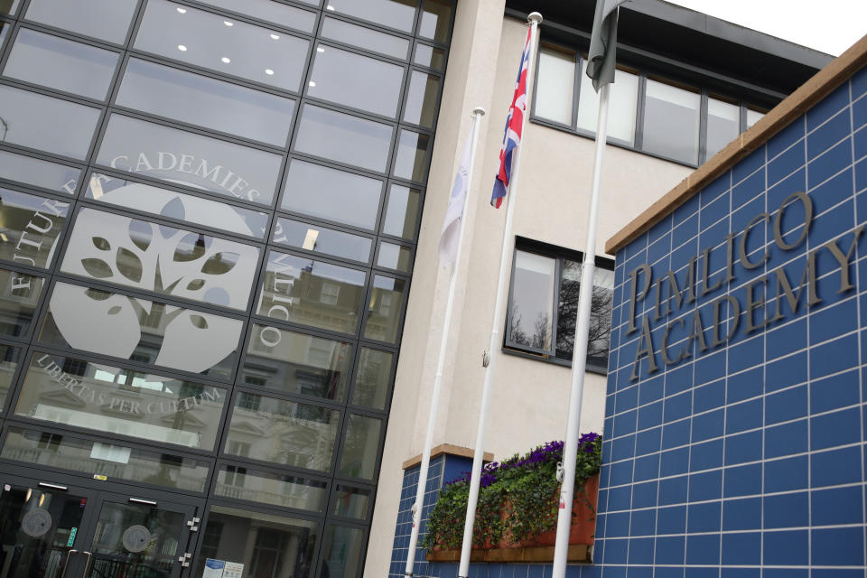 Pimlico Academy School, west London, where students have staged a walkout in protest over a school uniform policy that they claim is discriminatory and racist. Picture date: Wednesday March 31, 2021. (Photo by Aaron Chown/PA Images via Getty Images)