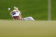 Anna Nordqvist, of Sweden, hits out of a bunker on the 16th hole during the third round at the KPMG Women's PGA Championship golf tournament at the Aronimink Golf Club, Saturday, Oct. 10, 2020, in Newtown Square, Pa. (AP Photo/Matt Slocum)