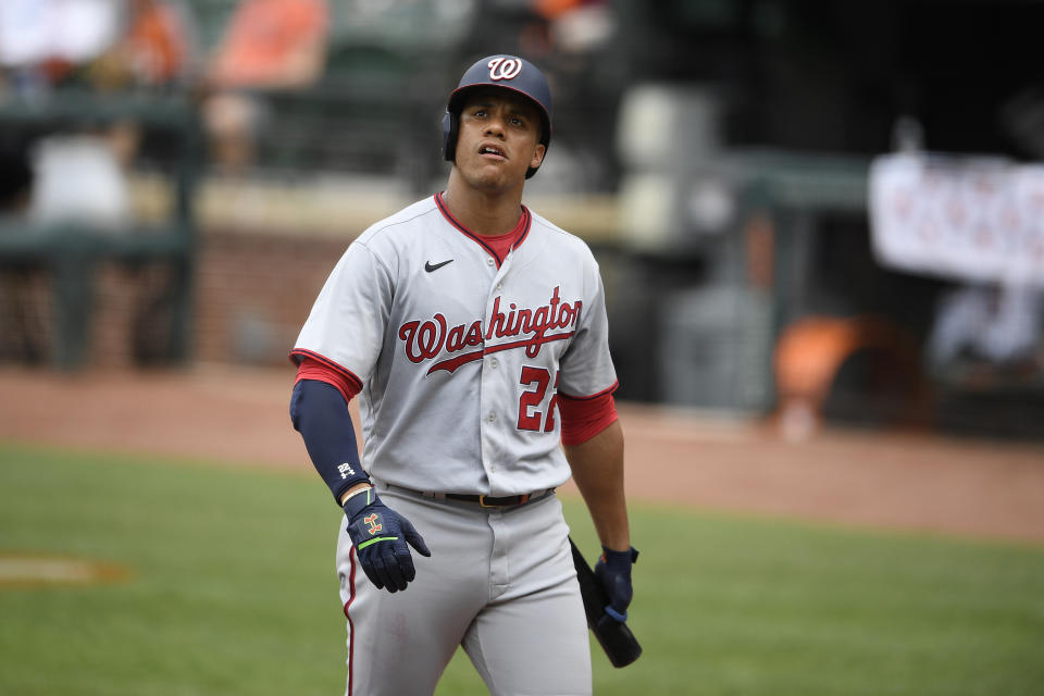 Washington Nationals' Juan Soto looks on during a baseball game against the Baltimore Orioles, Sunday, July 25, 2021, in Baltimore. (AP Photo/Nick Wass)