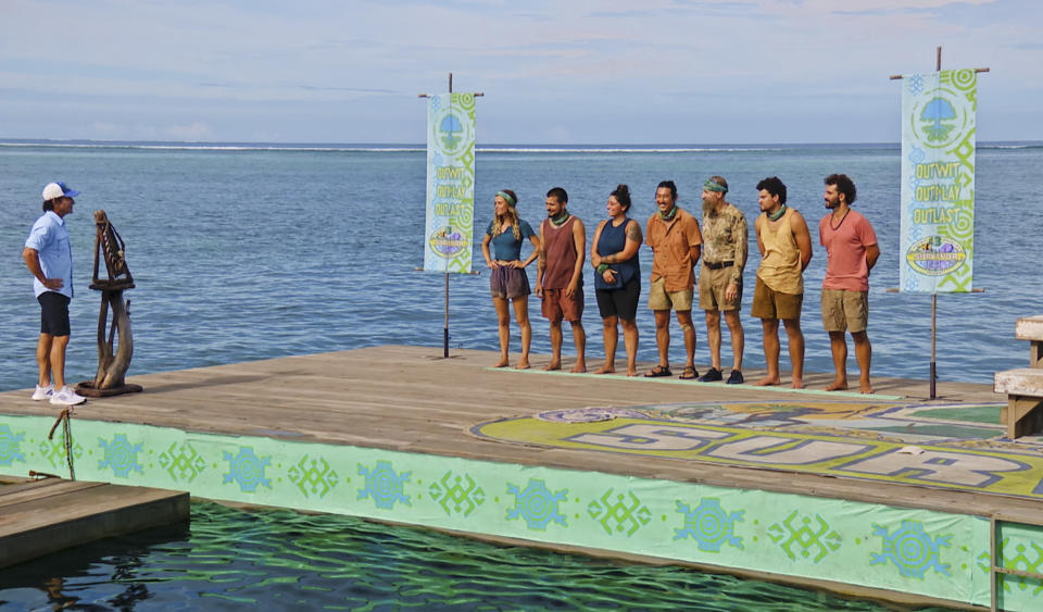 MANA ISLAND - NOVEMBER 23: Hiding in Plain Sight As the tide rises and falls, castaways hold their breath to find out who will win the immunity challenge. Also, one castaway will spy something hidden in plain sight, on SURVIVOR, Wednesday, Nov. 30 (8:00-9:00 PM, ET/PT) on the CBS Television Network, and available to stream live and on demand on Paramount+.  Pictured (L-R): Jeff Probst, Cassidy Clark, Jesse Lopez, Karla Cruz Godoy, Owen Knight, Mike 'Gabler' Gabler, Sami Layadi and Cody Assenmacher.  Photo is a screen grab. (Photo by CBS via Getty Images)