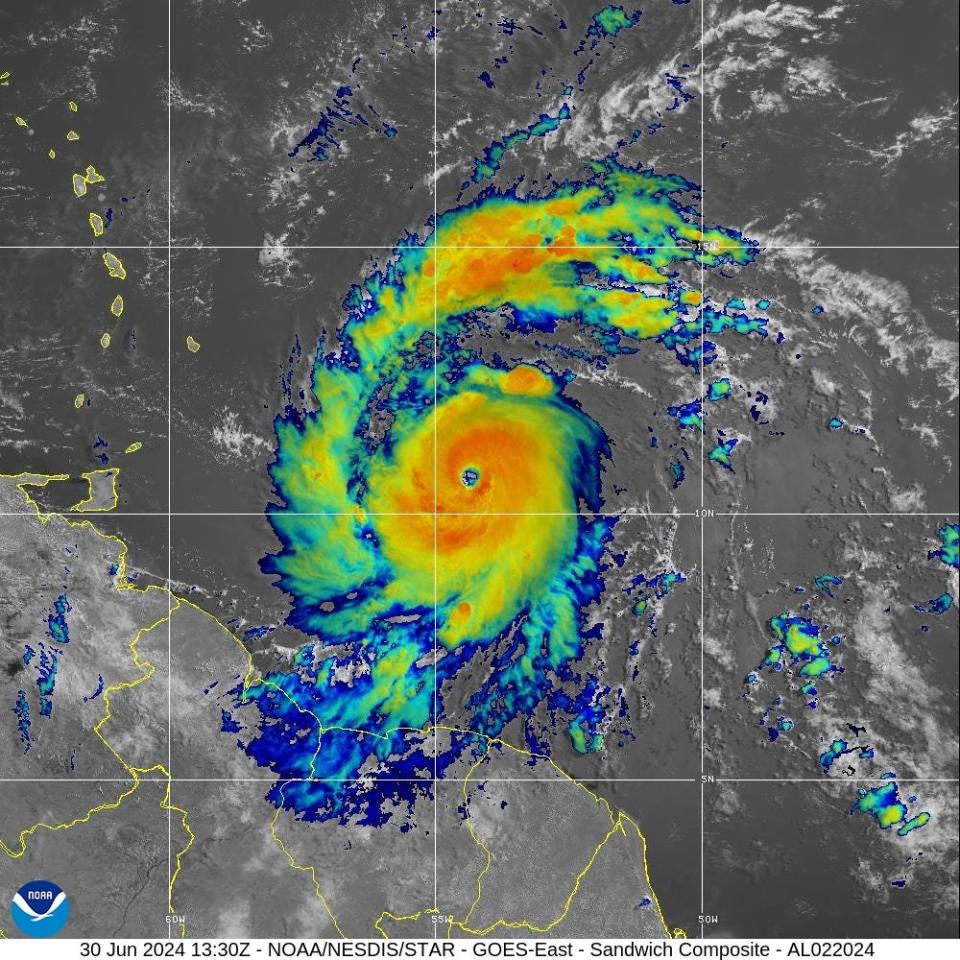 Hurricane Beryl, with winds of 115 mph and the classic eye structure, is seen on satellite on Sunday morning June 30, 2024.