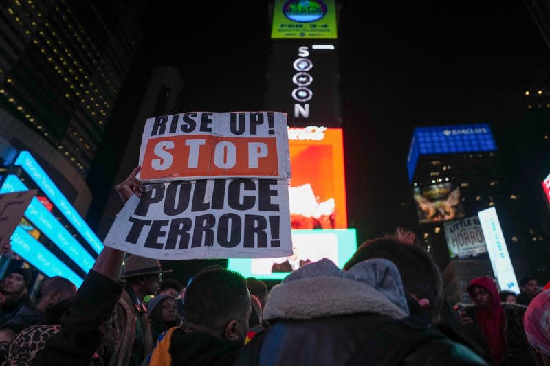 Demonstrators gather in Washington Square Park to protest the death of Tyre Nichols on January 28, 2023 in New York City. 