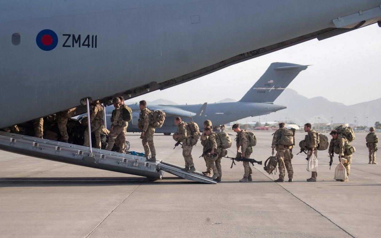 British military personnel board an RAF A400M aircraft before departing Kabul Airport after Operation Pitting - Jonathan Gifford/MOD/AFP via Getty Images