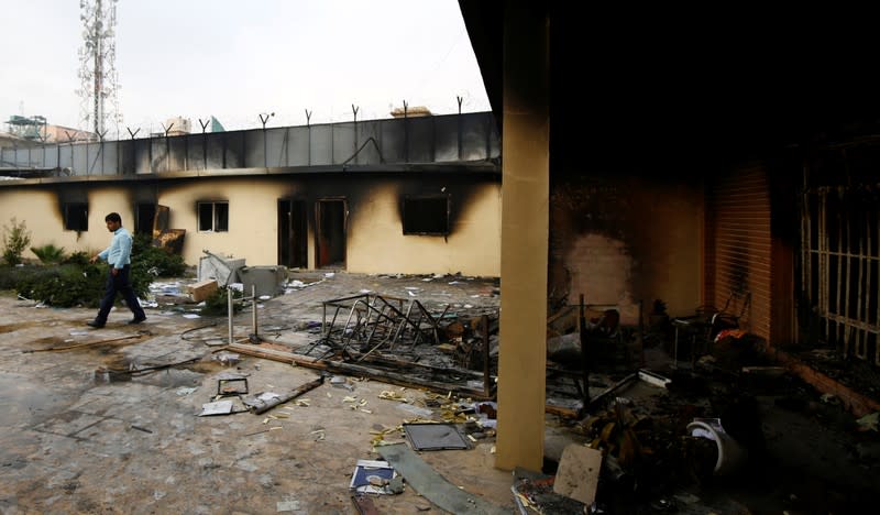 A view of the Iranian consulate after Iraqi demonstrators stormed and set fire to the building during ongoing anti-government protests in Najaf