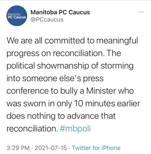 A now-deleted tweet from the Manitoba PC Caucus on the exchange between Alan Lagimodiere and Manitoba NDP Leader Wab Kinew.  (Manitoba PC Caucus/Twitter  - image credit)
