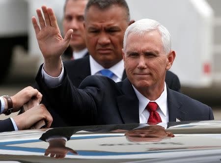 U.S. Vice President Mike Pence arrives at Atsugi naval air base in Ayase, south of Tokyo, Japan, April 18, 2017. REUTERS/Toru Hanai