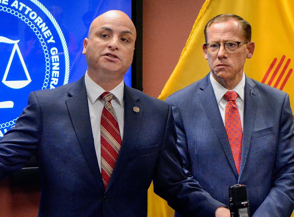 NM Attorney General Hector Balderas talks about the investigation and audit into Torrance County. Balderas is flanked by NM State Police Chief Tim Johnson and State Auditor Brian Colon on Thursday, May. 02,  2019.d
