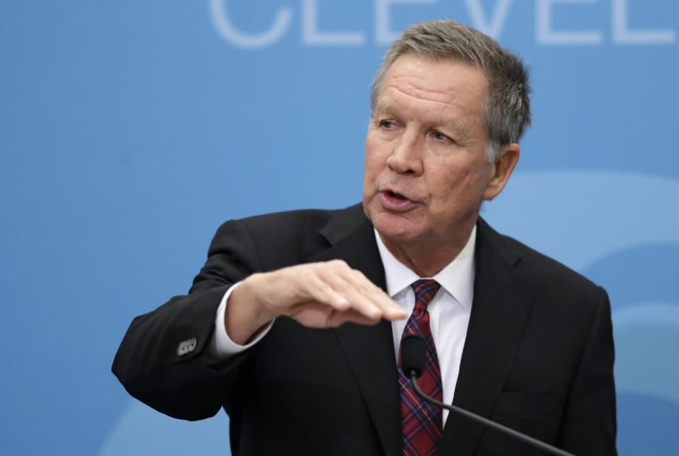 FILE - In this Dec. 4, 2018, file photo, then-Ohio Gov. John Kasich speaks at The City Club of Cleveland, in Cleveland. Ohio Republicans are trying to rally and present a united front heading into their party's national convention, following a week when Kasich, one of their best-known politicians, spoke on behalf of Joe Biden to the Democrats' convention. (AP Photo/Tony Dejak, File)