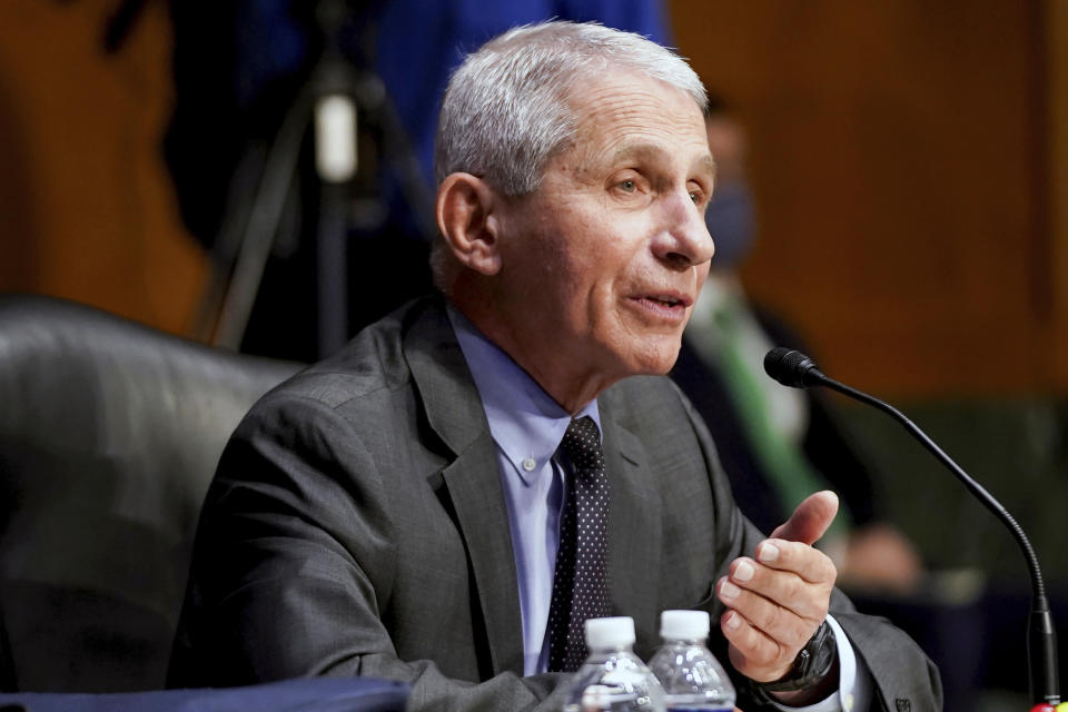 Dr. Anthony Fauci, director of the National Institute of Allergy and Infectious Diseases, testifies during a Senate Health, Education, Labor, and Pensions hearing to examine an update from Federal officials on efforts to combat COVID-19, Tuesday, May 11, 2021 on Capitol Hill in Washington. Fauci says whether vaccinated Americans will need a booster shot may depend on possible variants during an interview on CBS “This Morning” Friday, May 21. (Jim Lo Scalzo/Pool via AP)