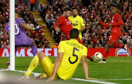 Britain Football Soccer - Liverpool v Villarreal - UEFA Europa League Semi Final Second Leg - Anfield, Liverpool, England - 5/5/16 Adam Lallana scores the third goal for Liverpool Action Images via Reuters / Lee Smith Livepic