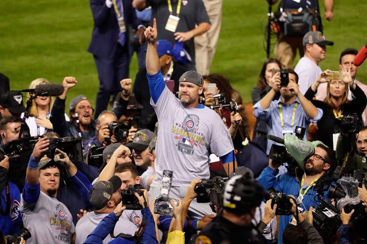 CLEVELAND, OH - NOVEMBER 02: David Ross #3 of the Chicago Cubs celebrates after defeating the Cleveland Indians 8-7 in Game Seven of the 2016 World Series at Progressive Field on November 2, 2016 in Cleveland, Ohio. The Cubs win their first World Series in 108 years. (Photo by Jamie Squire/Getty Images)