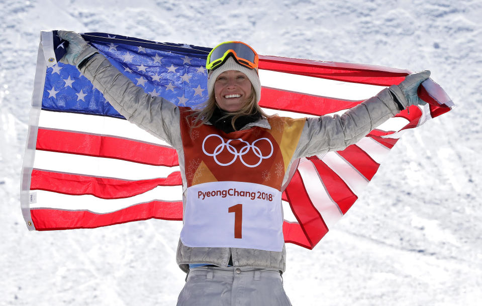 FILE - Jamie Anderson, of the United States, celebrates winning gold after the women's slopestyle final at Phoenix Snow Park at the 2018 Winter Olympics in Pyeongchang, South Korea, Monday, Feb. 12, 2018. Still bothering many of the riders was the way the slopestyle contests went down at the Pyeongchang Games four years ago. (AP Photo/Lee Jin-man, File)