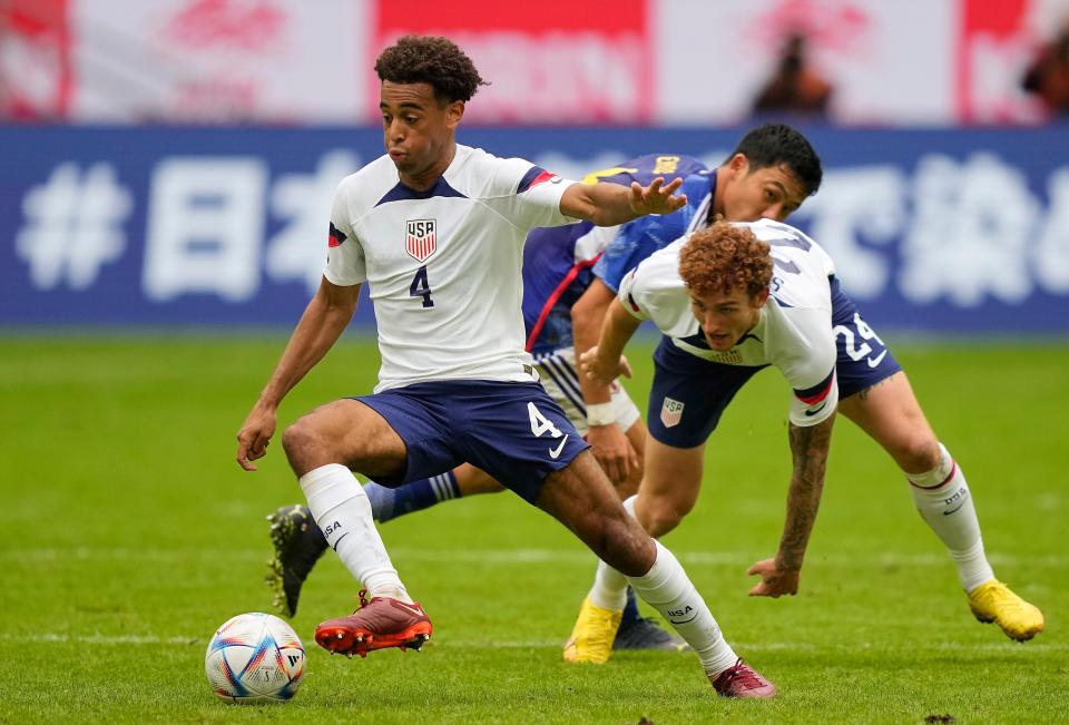 United States' Tyler Adams, left, and Joshua Sargent, right, playing during the international friendly soccer match between U.S. and Japan as part of the Kirin Challenge Cup in Duesseldorf, Germany Sept. 23.