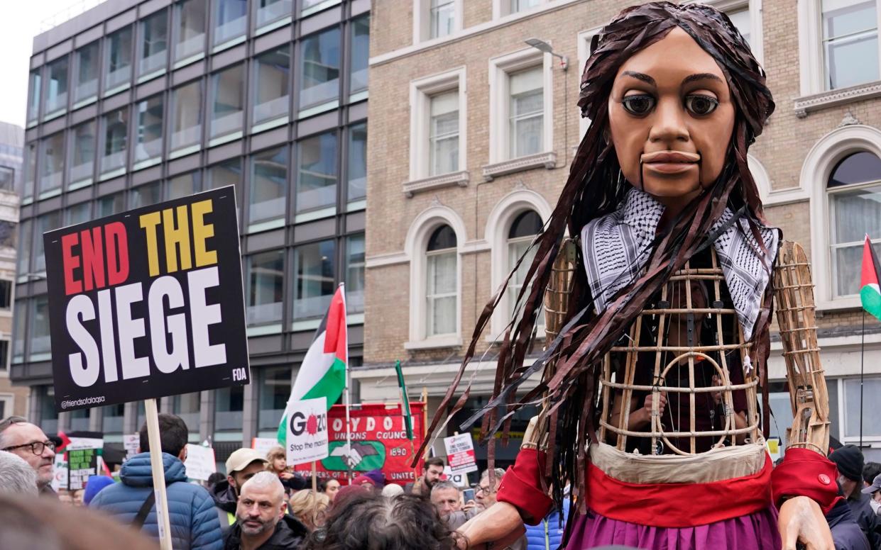 Little Amal joining a pro-Palestinian demonstration in London, January 13 2024