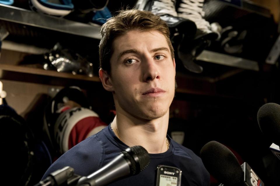 Toronto Maple Leafs right wing Mitch Marner speaks to reporters after a locker clean out at the Scotiabank Arena in Toronto, on Thursday, April 25, 2019. (Christopher Katsarov/The Canadian Press via AP)