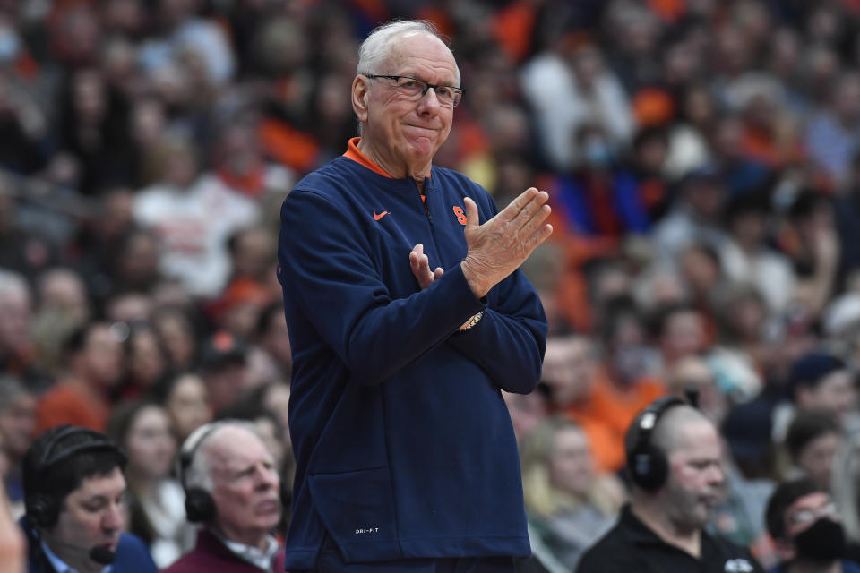 FILE - Syracuse head coach Jim Boeheim gestures during the second half of an NCAA college basketball game against Miami in Syracuse, N.Y., Saturday, March 5, 2022. Syracuse coach Jim Boeheim won't ever forget last season, and not because it was the only losing one in more than four decades on the job at his alma mater. (AP Photo/Adrian Kraus)