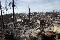 A view of the ruins of houses gutted by a fire caused by fighting between government soldiers and Muslim rebels from the Moro National Liberation Front (MNLF) in Zamboanga city, southern Philippines September 13, 2013. According to local government officials, the number of evacuees reached about 20,000 people on the fifth day of a government stand-off with the MNLF seeking an independent state. REUTERS/Erik De Castro (PHILIPPINES - Tags: CIVIL UNREST CONFLICT POLITICS TPX IMAGES OF THE DAY)