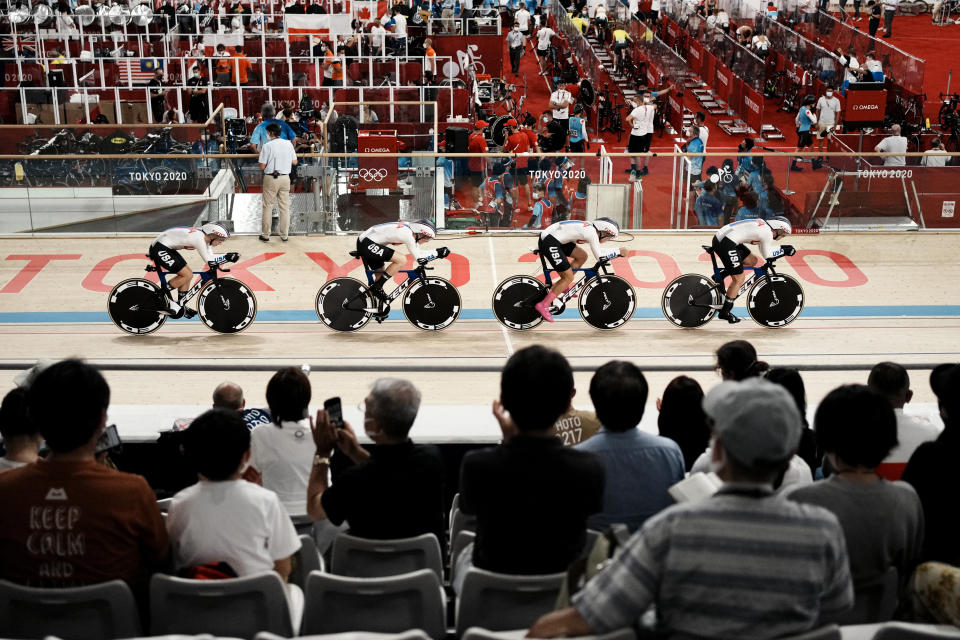 FILE - Team United States competes during the track cycling women's team pursuit at the 2020 Summer Olympics, Monday, Aug. 2, 2021, in Izu, Japan. While the American team has done relatively well at the past three Summer Games, given all the changes in leadership, the reality is that Britain, the Netherlands and many other nations have lapped the stars-and-stripes in many of the disciplines. (AP Photo/Thibault Camus, File)