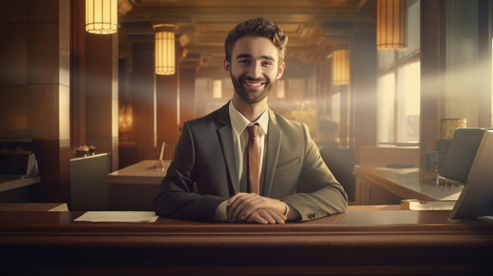 A bank teller handling personal deposits with a smile at the counter.