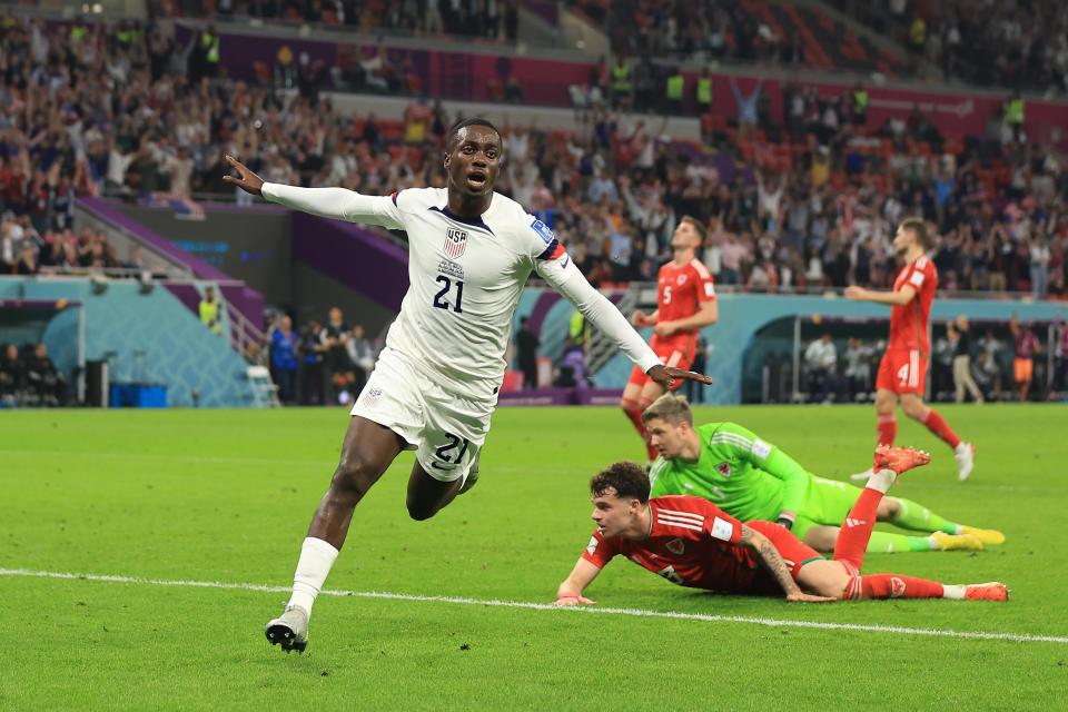 Tim Weah of USA celebrates after scoring his team&#39;s only goal during the match between USA and Wales on Monday. (Marc Atkins/Getty Images)