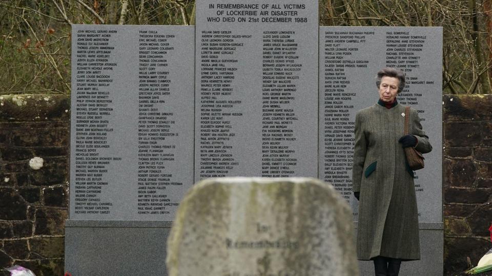 The Princess Royal lays a wreath at the Lockerbie Air Disaster Memorial in the Lockerbie Garden of Remembrance