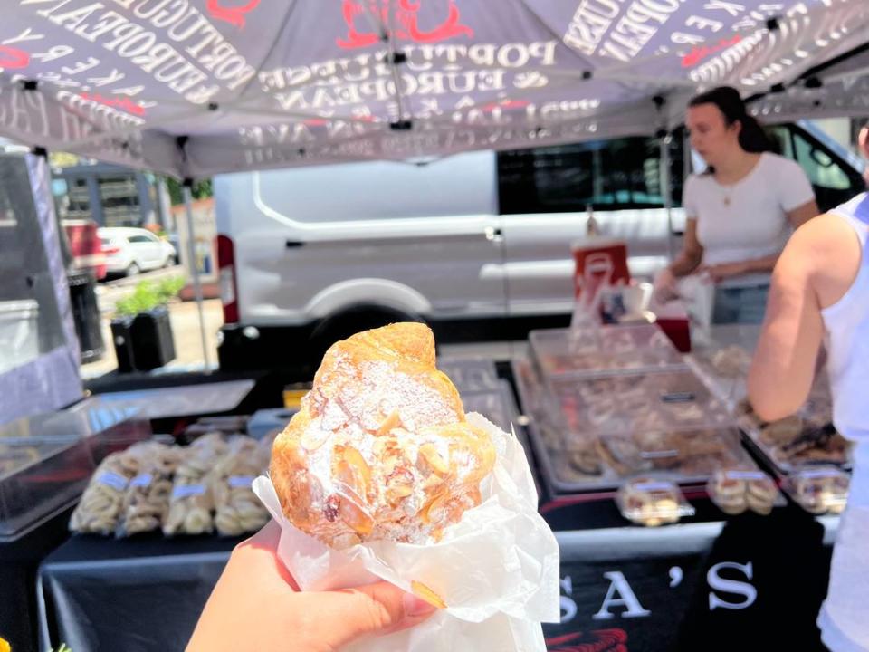 An almond croissant from Rosa’s Portuguese and European Bakery at the Modesto Certified Farmers’ Market.