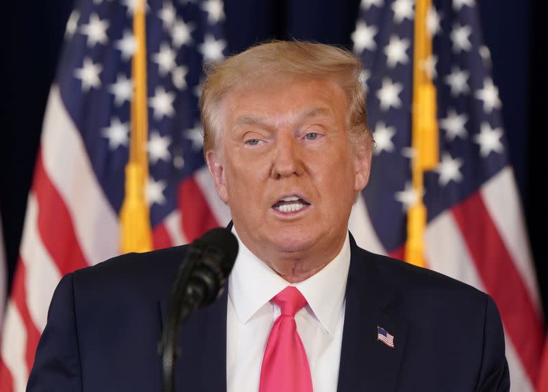 U.S. President Donald Trump speaks during a news conference at his golf resort in Bedminster