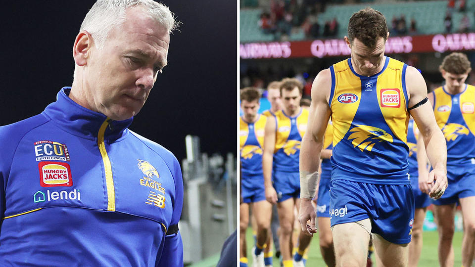 Pictured left is West Coast coach Adam Simpson and Eagles players on right.