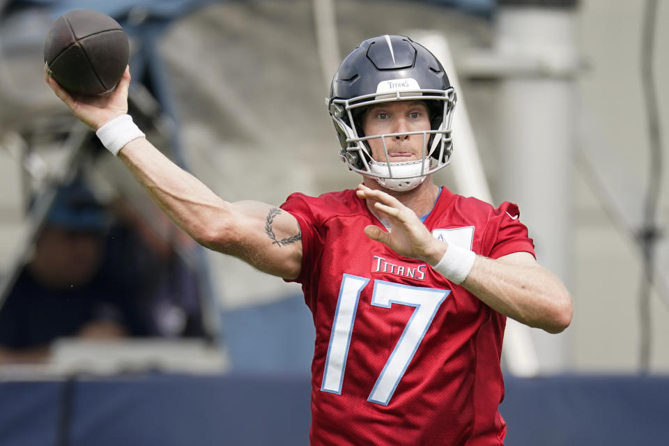 Tennessee Titans quarterback Ryan Tannehill (17) throws a pass during an NFL football training camp practice Wednesday, July 26, 2023, in Nashville, Tenn. (AP Photo/George Walker IV)