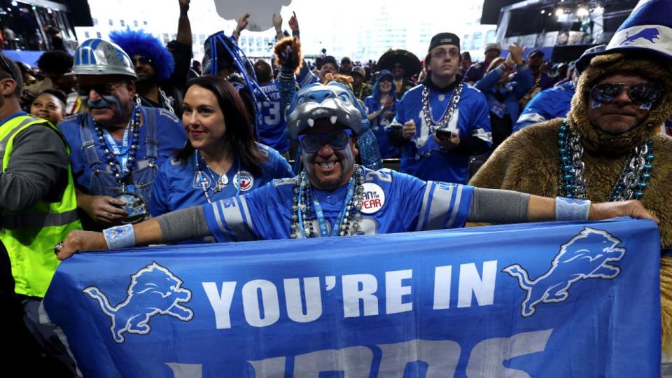 <div>DETROIT, MICHIGAN - APRIL 25: Fans gather prior to the first round of the 2024 NFL Draft at Campus Martius Park and Hart Plaza on April 25, 2024 in Detroit, Michigan. (Photo by Gregory Shamus/Getty Images)</div>