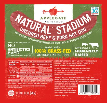 A healthy pork blend: Applegate Naturals Natural Stadium Beef and Pork Hot Dogs