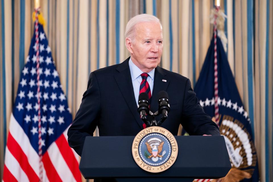 President Joe Biden speaks during a meeting with his Competition Council in the State Dining Room of the White House on March 5, 2024 in Washington, DC. Biden announced new economic measures during the meeting.