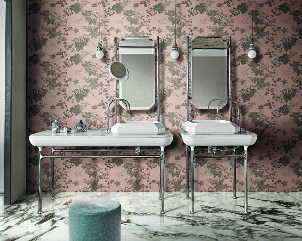This undated photo shows Florim's Filati di Rex pattern which resembles vintage floral wallpaper. Tile that can be installed to look like artwork, wallpaper or area rugs is an increasingly popular trend. (Ceramics of Italy via AP)