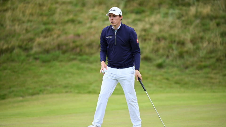 Matt Fitzpatrick of England reacts after a putt on the 12th green during Day Three of The 151st Open at Royal Liverpool