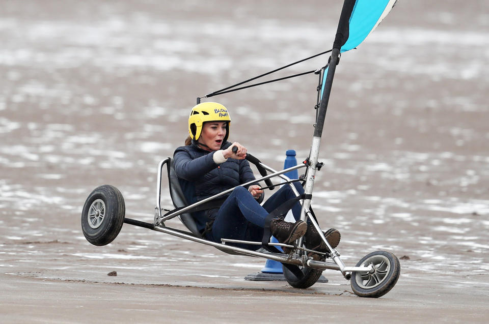 <p>The Duchess of Cambridge land yachting on the beach at St Andrews. Picture date: Wednesday May 26, 2021.</p>
