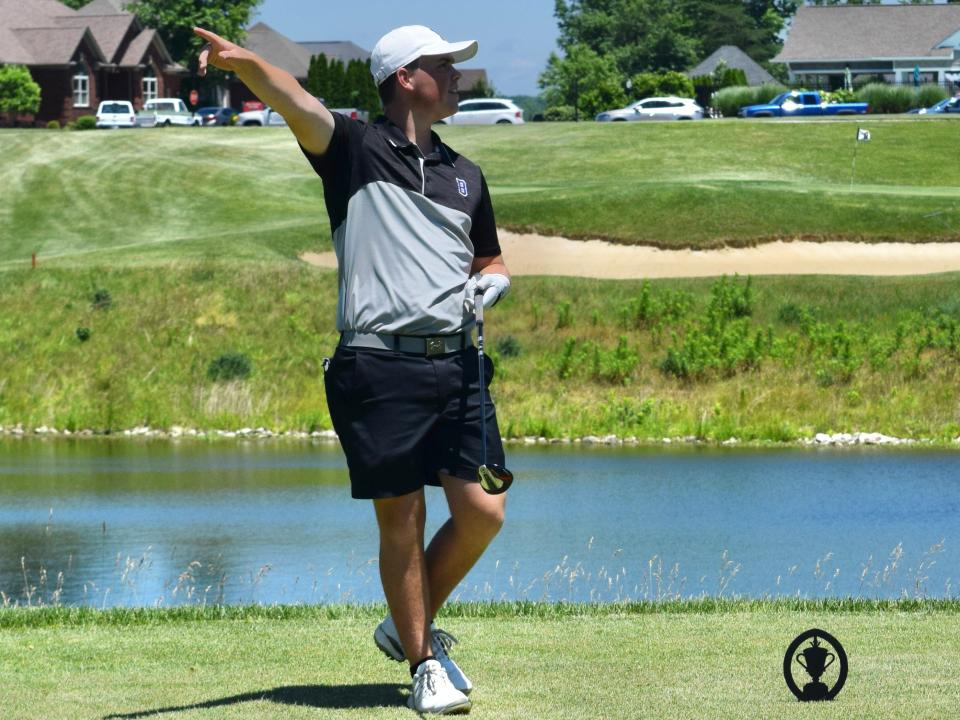 Bloomington South's Nick Bellush watches his tee shot on the 18th hole at Champions Pointe Golf Club and tries to will it to the right during the IHSAA regional. (Seth Tow/Herald-Times)