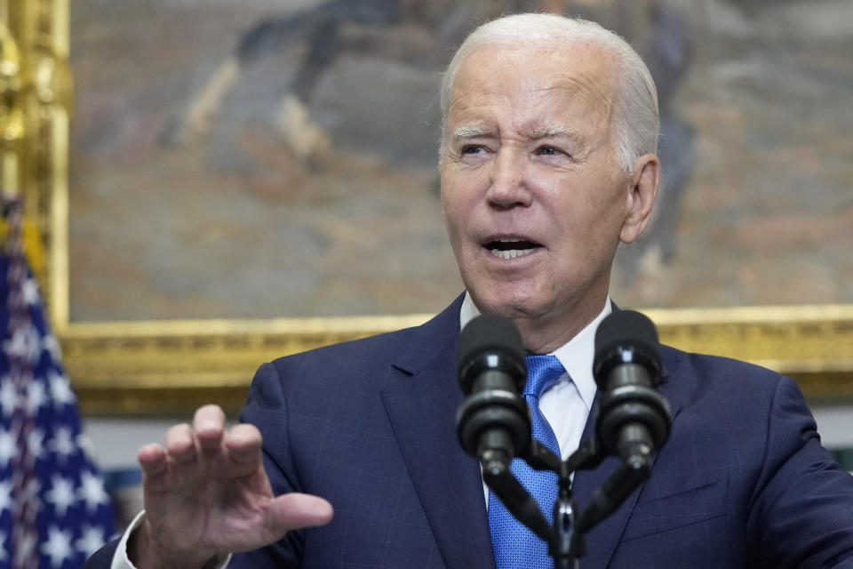 President Joe Biden speaks about the auto workers strike from the Roosevelt Room of the White House in Washington, Friday, Sept. 15, 2023. (AP Photo/Susan Walsh)