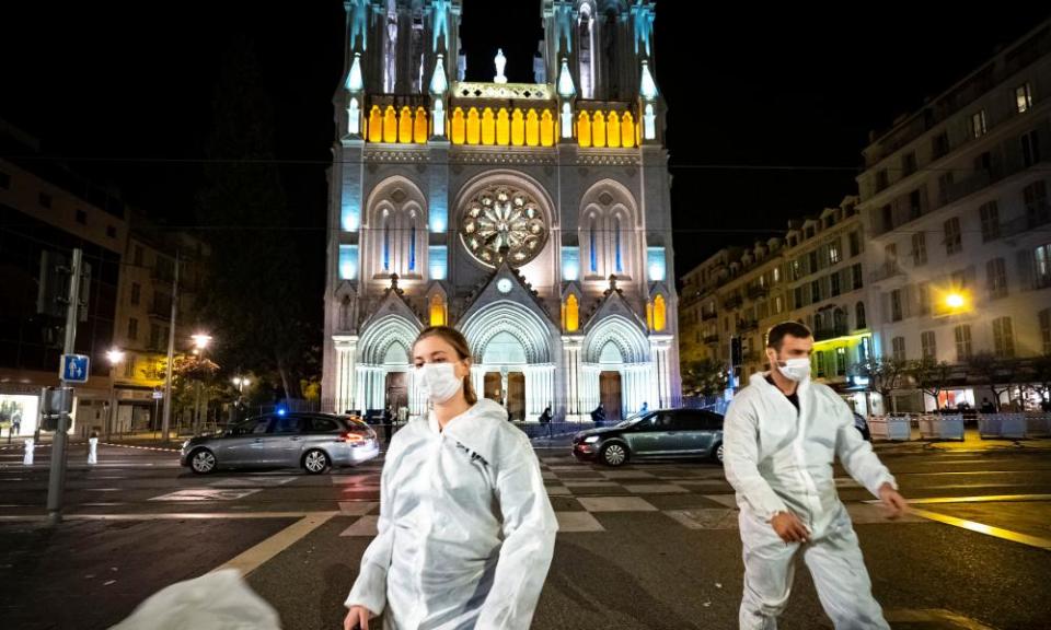 Forensic officers in front of Notre-Dame basilica in Nice last night